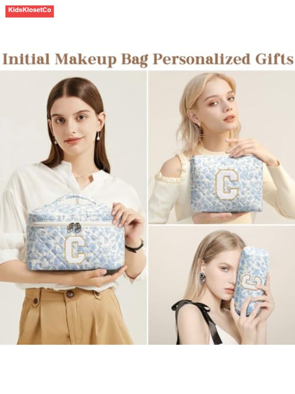 Personalized Initial Quilted Makeup Bag Set, Floral Cosmetic Toiletry Travel - Picture 3 of 6